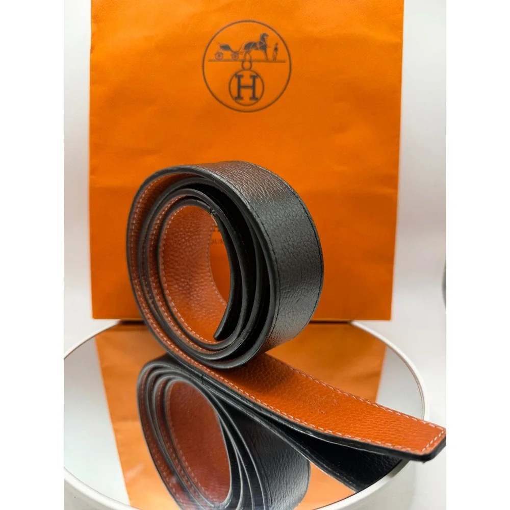 Hermes Reversible Belt Strap Black Orange Togo Epsom Leather 125cm France